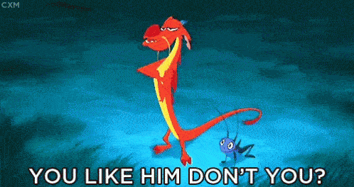 An animated dragon smugly says "you like him, don't you?"