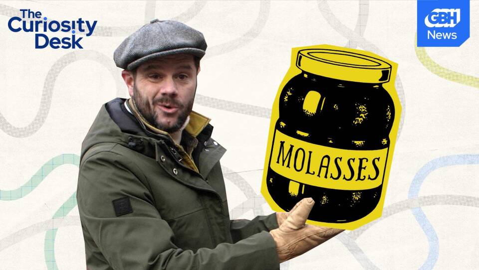 Man holding a cartoon image of a large jar of molasses  with The Curiosity Desk and GBH News logos on the page