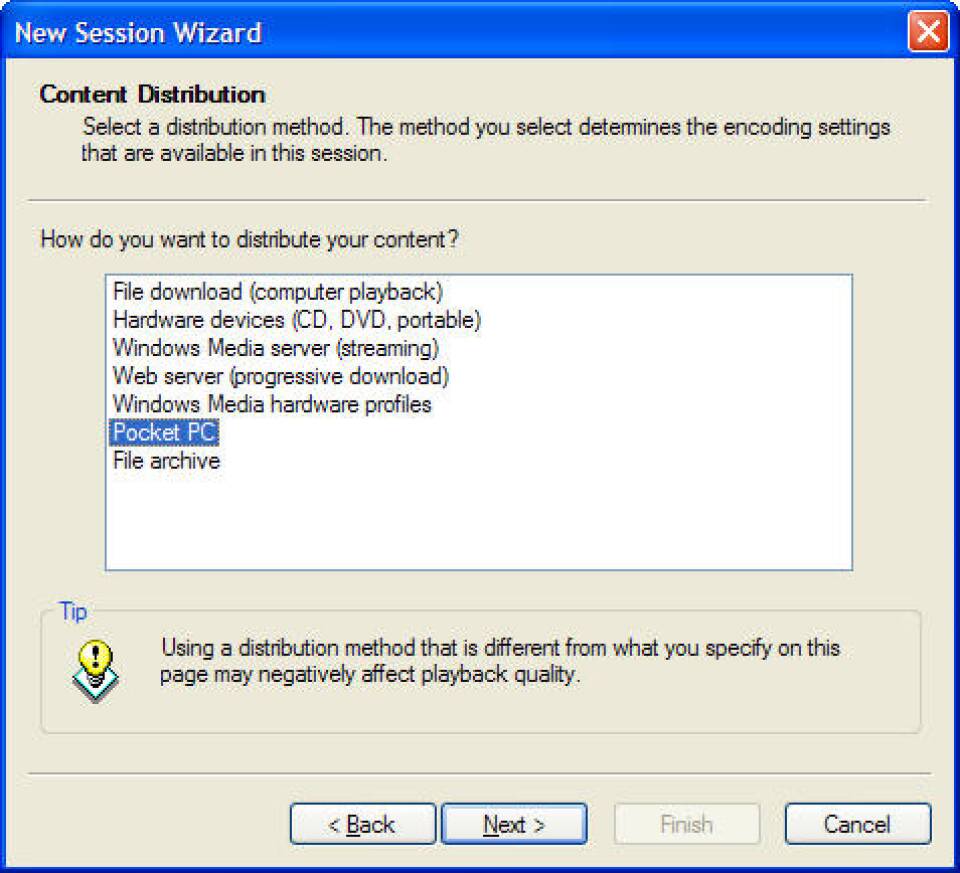 The Content Distribution dialog box showing Pocket PC selected as the target device.