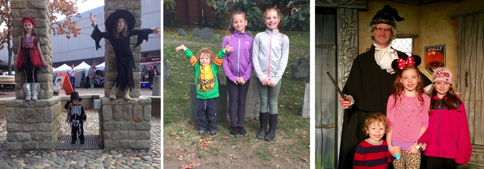Three photos: In the first, three children dressed as a pirate, a skeleton and a witch stand on the street; in the second, the same children without costumes pose in a graveyard; and in the third, the children and their father smile at the camera inside a house.