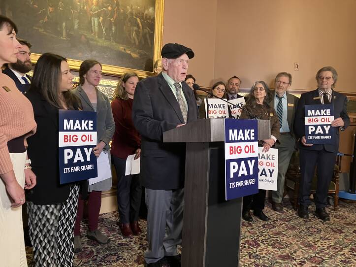 Sen. Dick Sears of Bennington voices his support for the Climate Superfund Act at a press conference on Jan. 16.