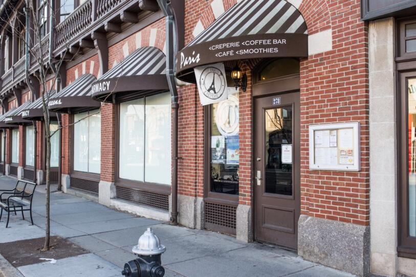 The exterior of Paris Creperie at Coolidge Corner in Brookline.