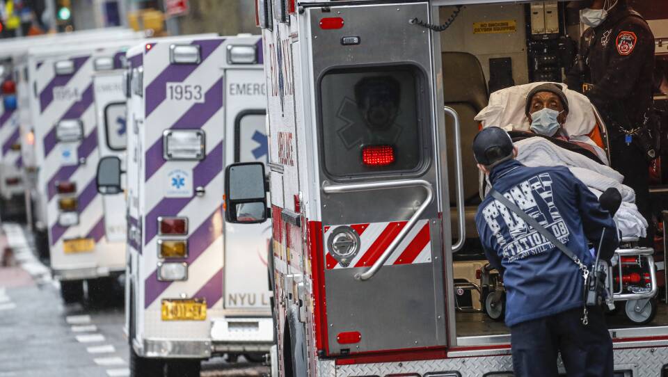 Ambulances arrive at a hospital in New York City, where concerns are rising about the supply of dialysis equipment for ICU patients.
