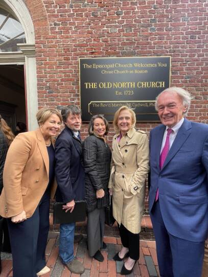 Governor Maura Healey, Ken Burns, GBH CEO Susan Goldberg, PBS President Paula Kerger, and Senator Ed Markey