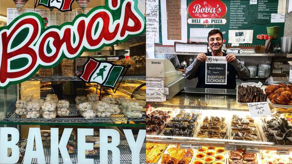 left: Bova's Bakery storefront window. right: Ralph Bova holds up the  tripsavvy 2018 Editors Choice Choice award won by Bovas.