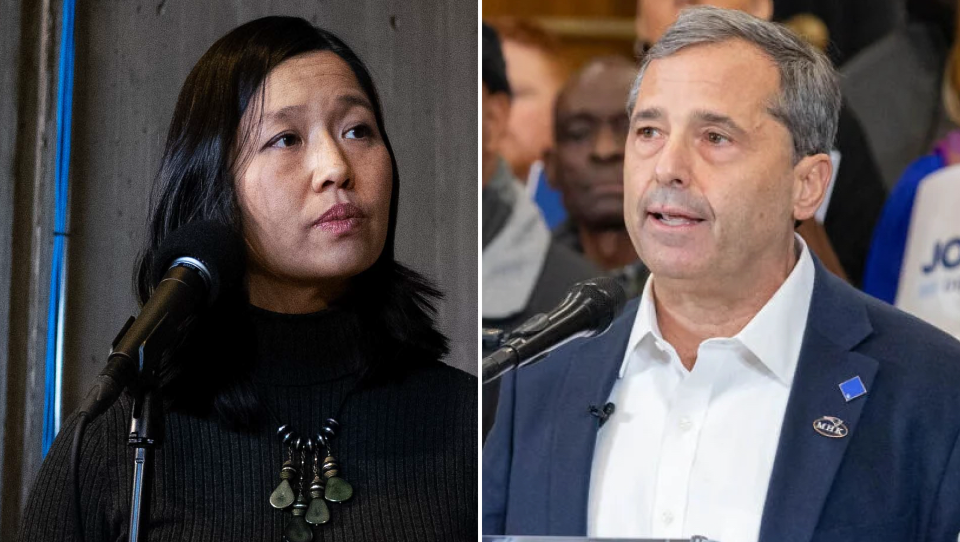 A split screen of Michelle Wu and Josh Kraft. Both are running for mayor of Boston.