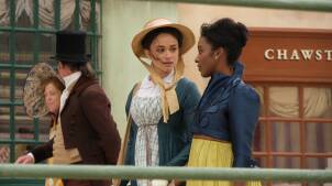 Shown from left to right: Charlotte Heywood (ROSE WILLIAMS) and Georgiana Lambe (CRYSTAL CLARKE) in period costume.