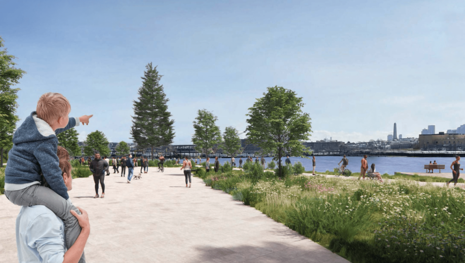 A rendering shows a boy on the shoulders of a man pointing toward a river in the distance. They stand on a waterfront walkway with other people nearby.