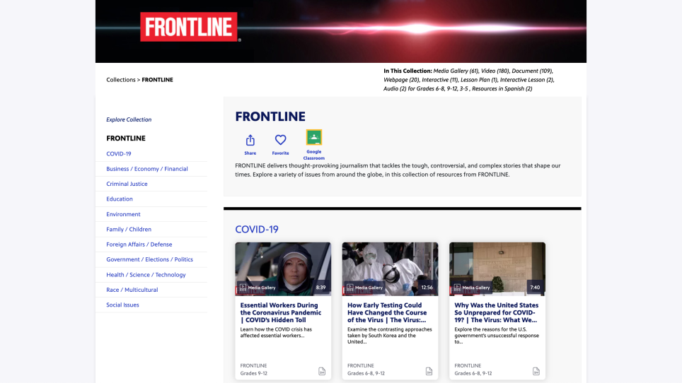 FRONTLINE collection on PBS LearningMedia