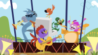 Animated barnyard animals perform on jazz instruments. From left to right we see Mules Davis, Acoustic Rooster, Ella Finchgerald, Duck Ellington and 'Lil Herdin
