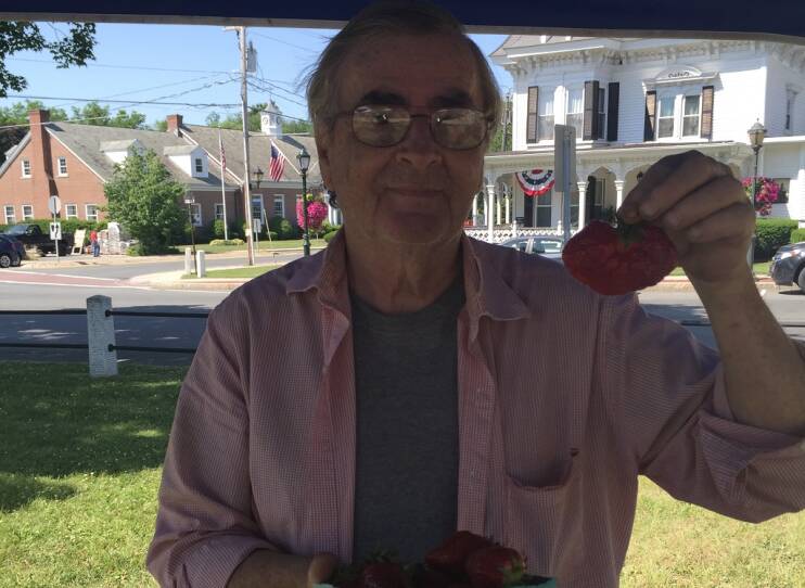 Dave Staples holds up a "king" strawberry from Jaeschke's Farm at the Lee farmers market.