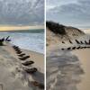 Two side-by-side images of the remains of an old ship on a beach, its frame sticking out of the sand right at the ocean's waterline.