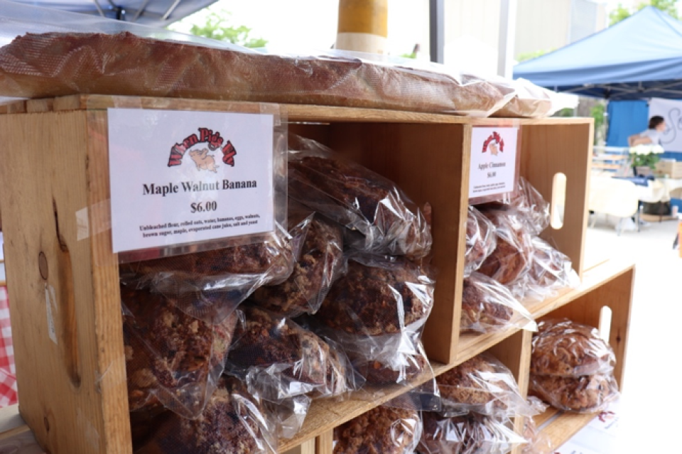 A variety of bread from When Pigs Fly at the farmers market at Harvard University, Cambridge, MA.