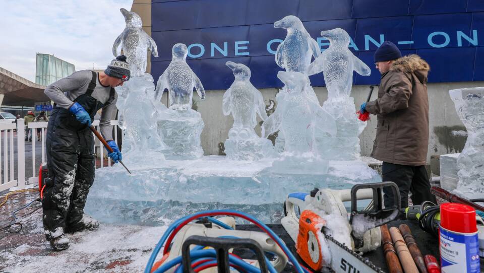 Two men in winter clothing use a chisel and brush on a large ice sculpture of seven penguins on boulders.