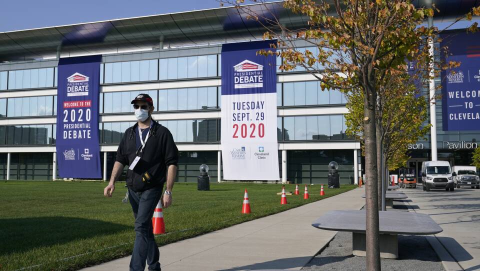 Preparations take place on Sunday outside the Sheila and Eric Samson Pavilion in Cleveland ahead of the first presidential debate, scheduled for Tuesday.
