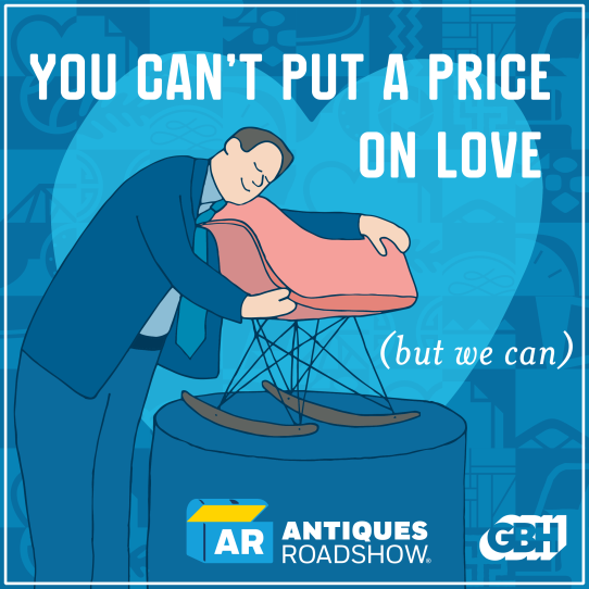 An illustrated man hugs a chair next to the caption "You can't put a price on love (but we can)"
