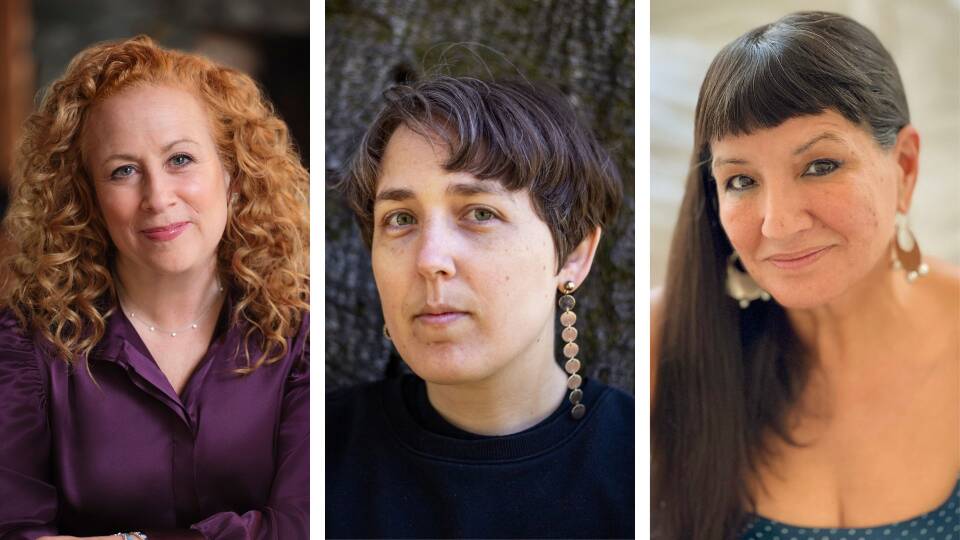 Head shots of Jodi Picoult, Maia Kobabe and Sandra Cisneros