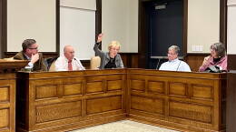  Members of the Nuclear Decommissioning Citizens Advisory Panel discuss the future of the Pilgrim Nuclear Power Station at a meeting in Plymouth, Nov. 27, 2023. From left: Jack Priest of the Massachusetts Department of Public Health, Seth Pickering of the Massachusetts Department of Environmental Protection, Mary Lampert of Pilgrim Watch, Andrew Gottlieb of the Association to Preserve Cape Cod, and Plymouth resident and activist Henrietta Cosentino.