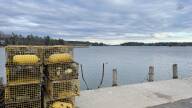 Lobster traps sit on a dock in in Bluehill, Maine.