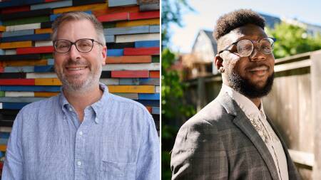Side by side headshots of a smiling white man with a graying beard in a blue buttondown and a smiling Black man in a shirt and blazer.
