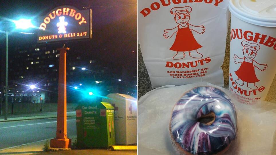 left: Doughboy Donuts & Deli sign at night.     right: a Tie-dyed Donut from Doughboy Donuts; a bag and cup sport the recognizable Doughboy Donut's logo.