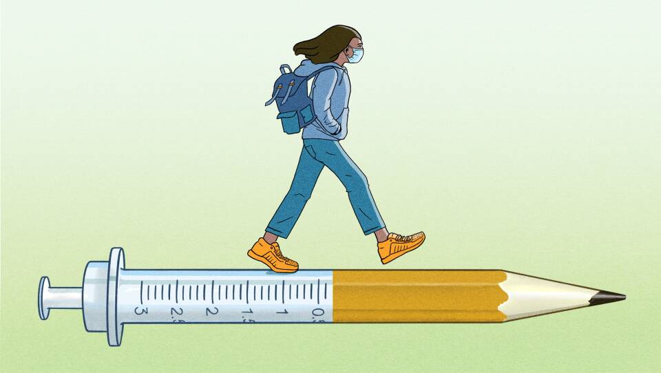 A masked college student walks along a syringe that morphs into a pencil.