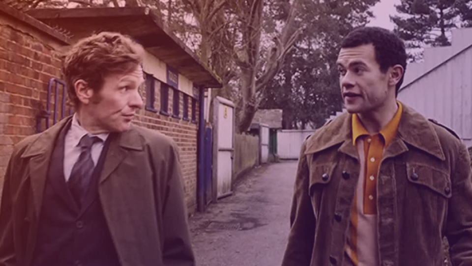 Morse talks to Jack Swift at the football pitch in "Striker"