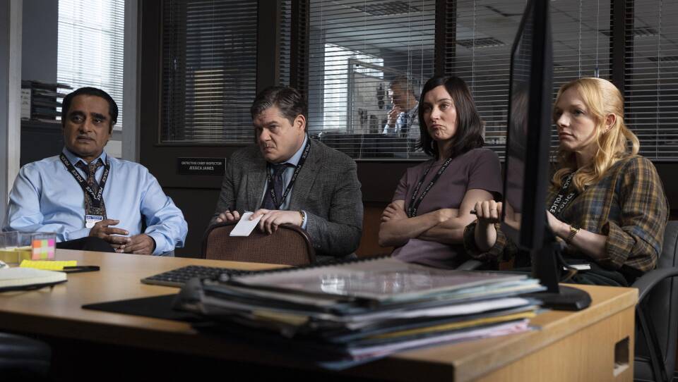 DI Sunny Khan (Sanjeev Bhaskar), DS Murray Boulting (Jordan Long), DC Karen Willetts (Pippa Nixon) and DS Fran Lingley (Carolina Main) meet to discuss the case