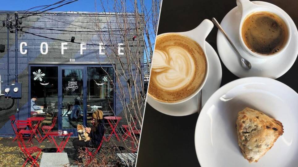 Left: The exterior of Intelligentsia in Watertown. Right: 2 coffee drinks and a scone.