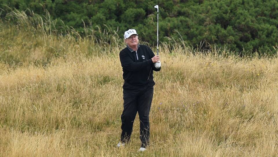 President Trump plays a round of golf at Trump Turnberry Luxury Collection Resort during his first official visit to the United Kingdom on July 15, 2018 in Turnberry, Scotland.