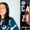 On the left is a headshot of author Michelle Min Sterling. She has long brown hair, she's wearing a blue and white patterned blouse, she is turned toward the camera with a slight smile. on her right is the cover to her first book, Camp Zero. The book has a photo of a ping woman with dark hair with the words "CAMP  ZERO" overlaying her face.