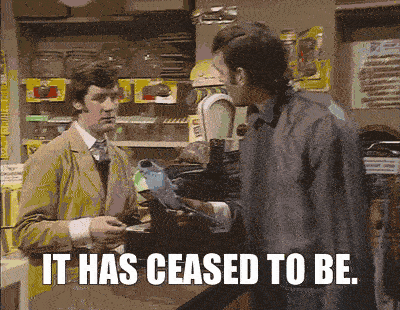 A man holding a dead parrot tells a pet shop owner that "it has ceased to be."