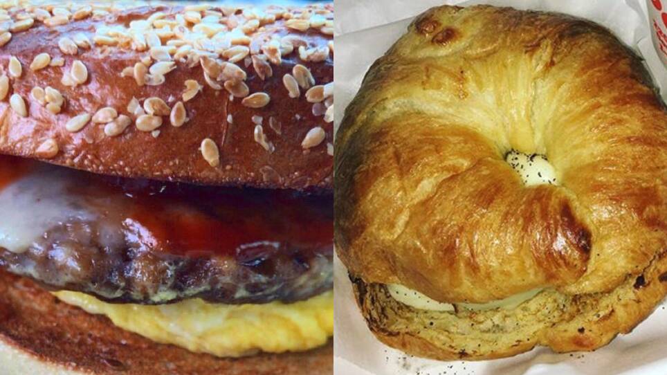 Doughboy Donuts Breakfast Sandwiches: Sausage, Egg and Bacon on a Sesame Bagel, and a Breakfast Sandwich on a Croissant.