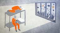 Two men in orange jump suits sitting on a bunk bed with barred window showing a celebration of hands throwing up graduation and constructions hats outside.