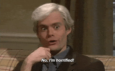 A man says "no I'm horrified!" but his smile says the opposite