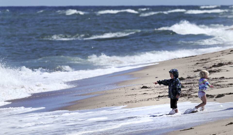 Two children play in the surf on a sandy beach in Cape Cod.