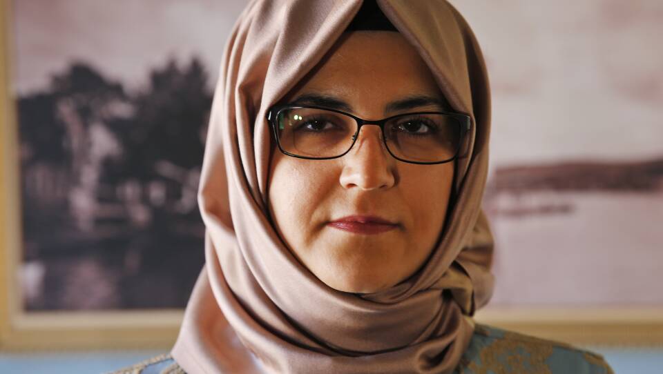 Hatice Cengiz, the fiancee of slain Saudi journalist Jamal Khashoggi, poses for The Associated Press following an interview in Istanbul on Tuesday.