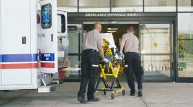 Paramedics taking patient on stretcher from ambulance to hospital.