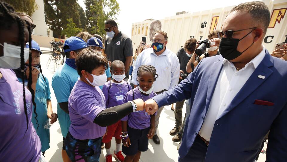 U.S. Education Secretary Miguel Cardona visits a summer program at a Los Angeles school in mid-July.