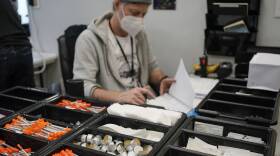 A person sits behind a desk doing paperwork. In front of them are bins full of clean needles, gauze and other supplies.