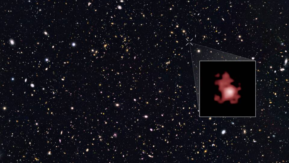 The most distant galaxy ever discovered, GN-z11, is shown within a Hubble Space Telescope deep sky survey and highlighted in the inset. This galaxy existed only 400 million years after the Big Bang.
