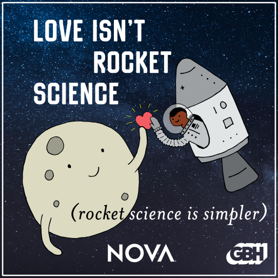 An astronaut and a planet high five each other next to the caption "Love isn't rocket science (rocket science is simpler)"