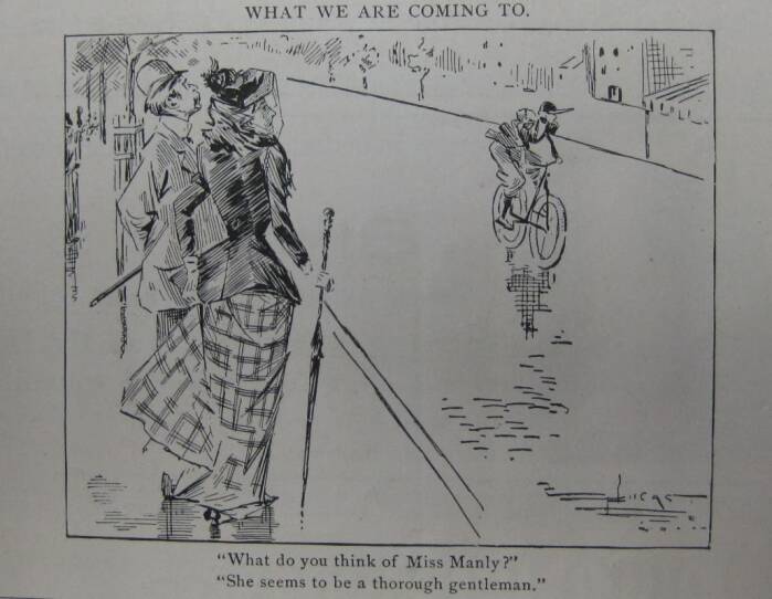 A cartoon of a well dressed couple watching a woman bicycle past. The caption reads "What do you think of Miss Manly" "She seems to be a thorough gentleman."