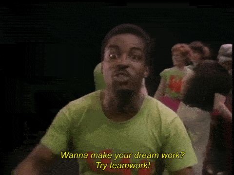 A man says "Wanna make your dream work? Try teamwork!"