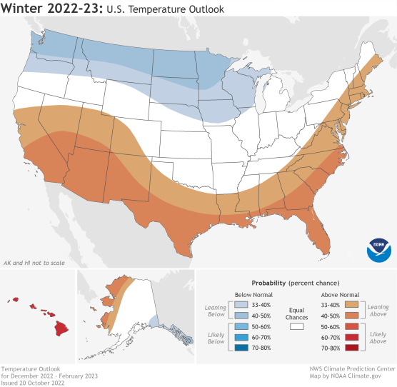 A map of the United States showing warmer-than-average temperatures predicted through the east coast and southern border, and cooler-than-average temperatures predicted from the Pacific Northwest to Wisconsin along the northern border.