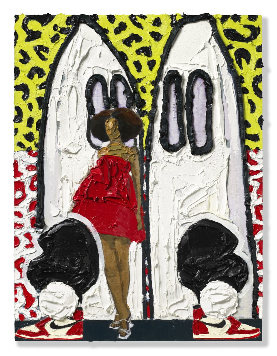 Lavaughan Jenkins' painting "You're why I love tomorrow" depicts a woman in a red dress standing in front of two hooded figures. The paint on the canvas is visibly textured