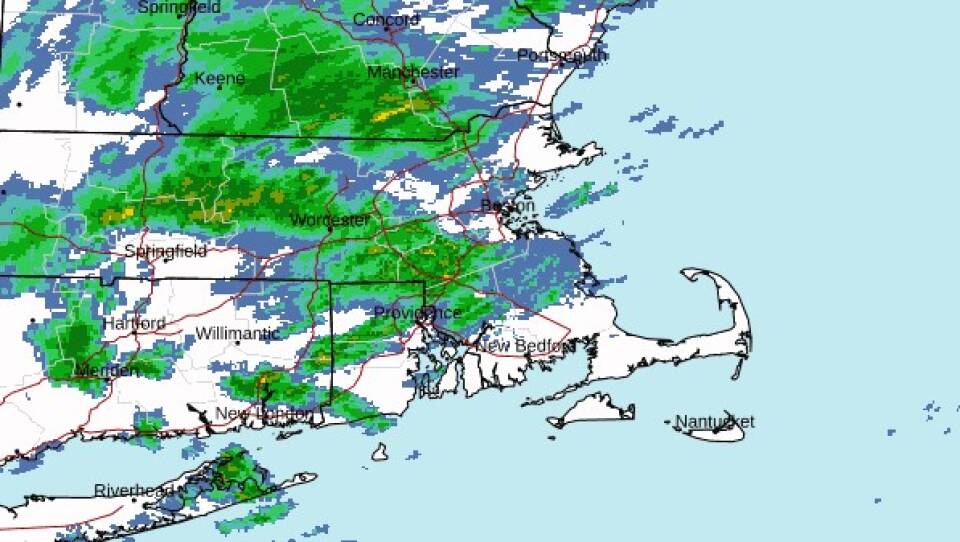 A doppler radar map of Massachusetts, showing precipitation moving from west to east.