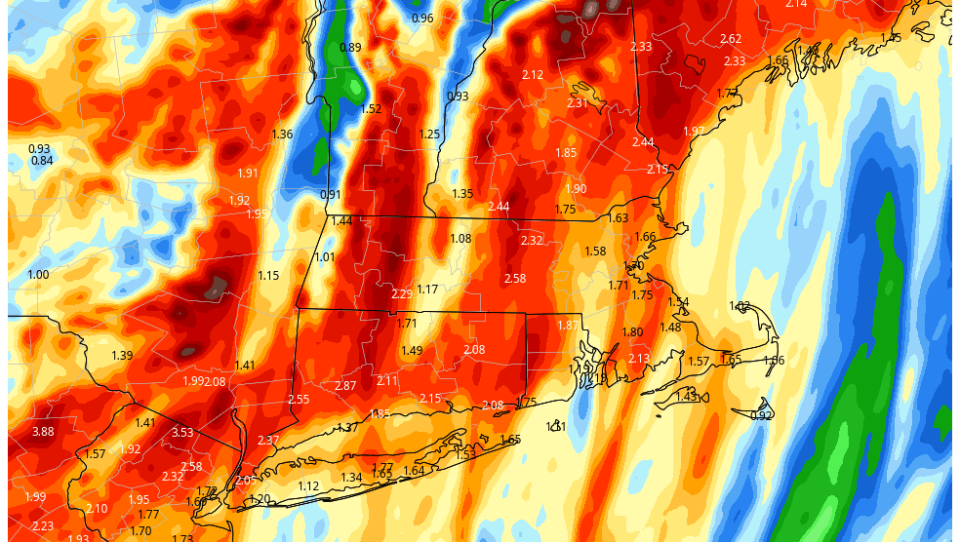 A map of the northeaster US showing 2-4 inches of precipitation across New England.