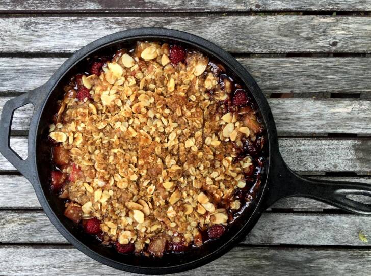 Rhubarb and Raspberry Crisp in a pan.