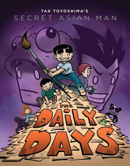 This is the cover of the comic book, "Secret Asian Man". There is a towering mound of paper. against a purple backdrop. A sloth-like creature is crouched on the left side of the mound, a panda stands to the right of the mound. On the mound there is red lettering that says "The Daily Days." Two kids are sitting atop the mound. There is a small card with cartoonish arms and legs, and the card says "race card". at the top of the mound stands a young boy, wileding a paint brush.